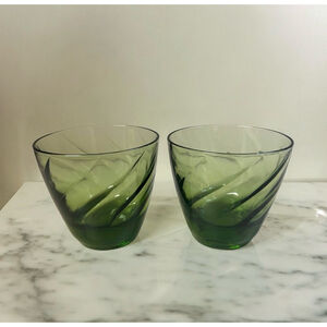 Vintage Libby Avocado Set of 2 Green Swirl Lowball Glasses